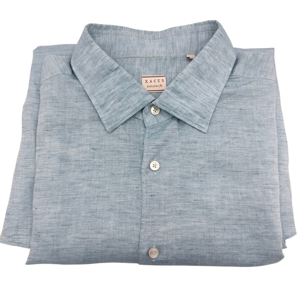 Xacus Linen Cotton Shirt Men 17.5 44 Light Blue Italy $269 Resort Luxury Coastal